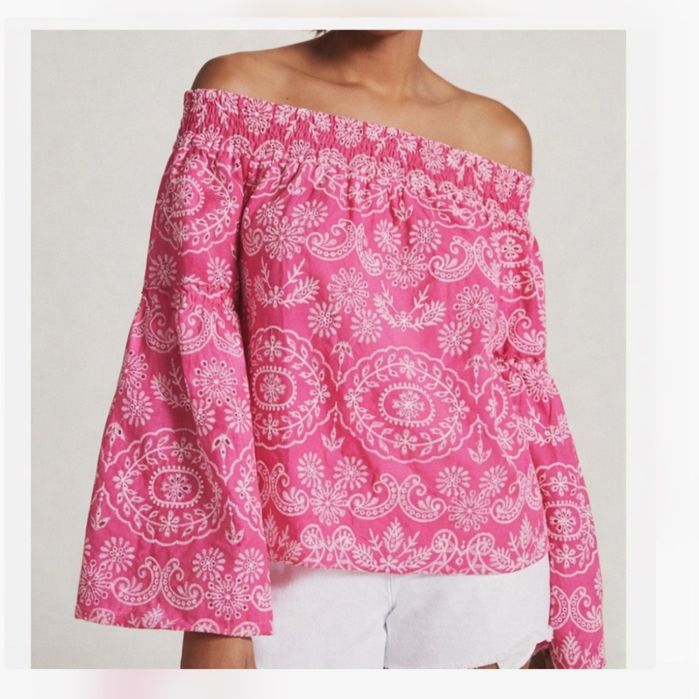 Kasia x Anthropologie Pink Embroidered Off-The-Shoulder Cotton Bell Sleeve Top